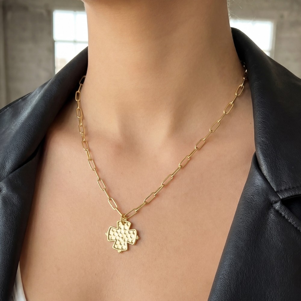 Gold Dipped Hammered Cross Pendant Necklace