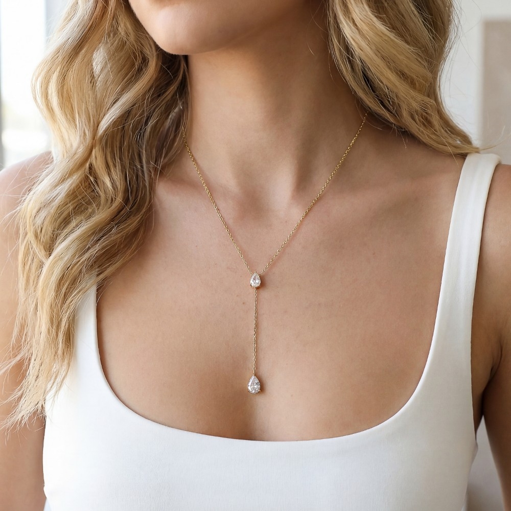 Gold Dipped Double Teardrop Pendant Y Necklace