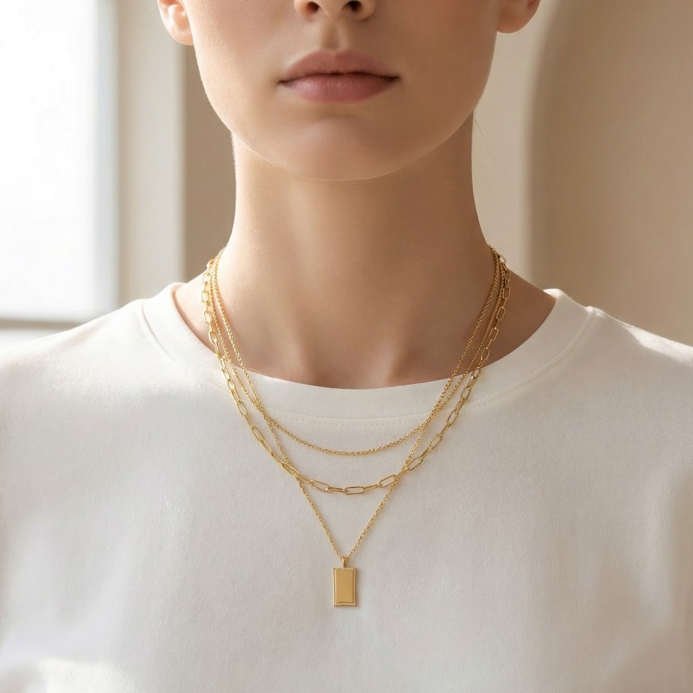 Gold Dipped Rectangle Pendant Layered Chains Necklace