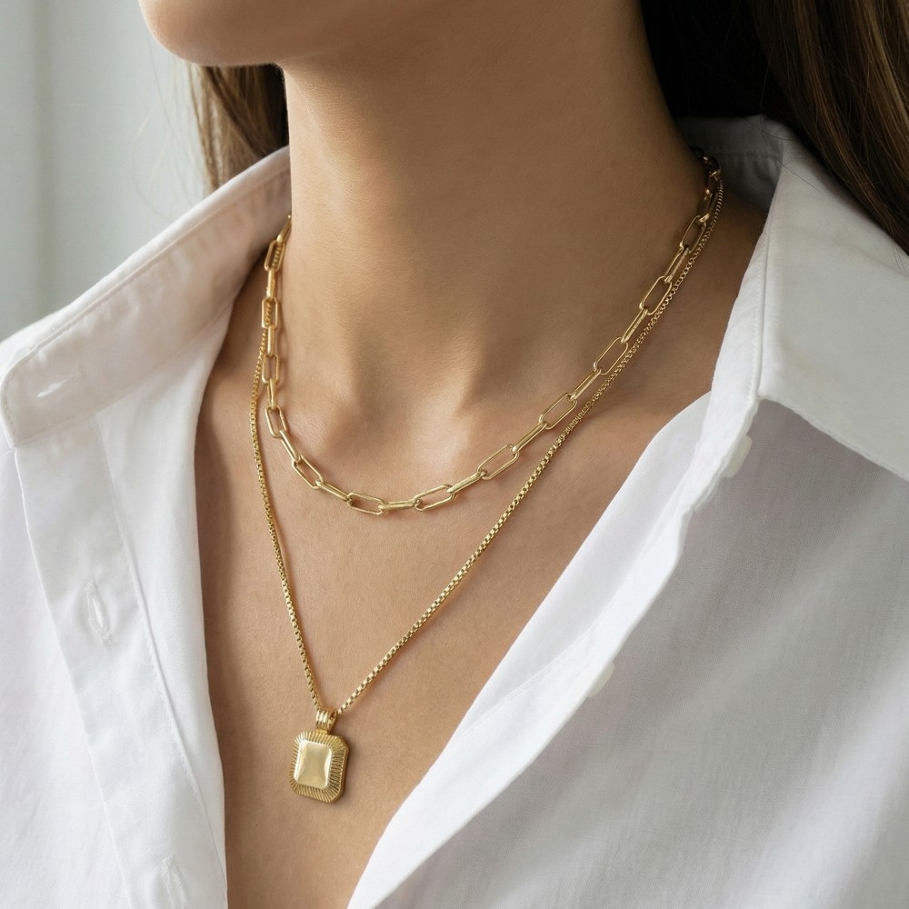 Gold Dipped Square Pendant Layered Chains Necklace