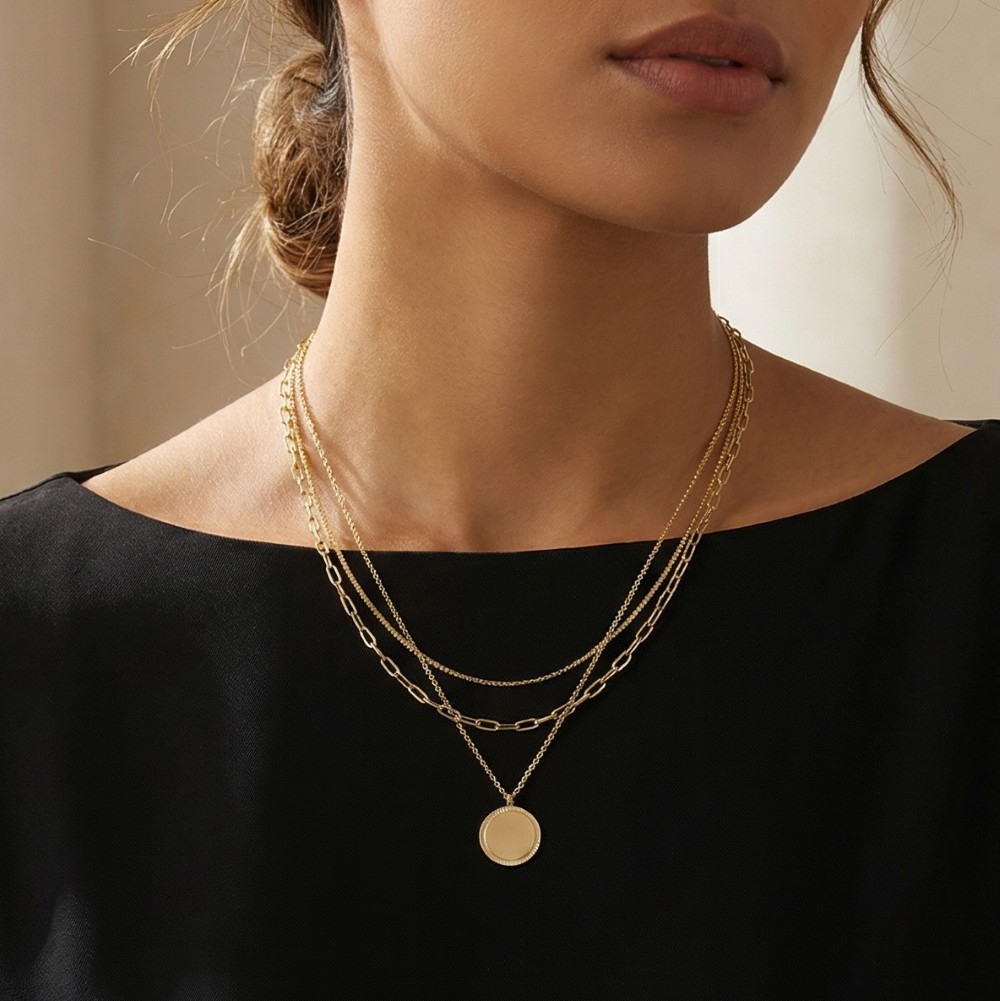 Gold Dipped Coin Pendant Layered Chains Necklace