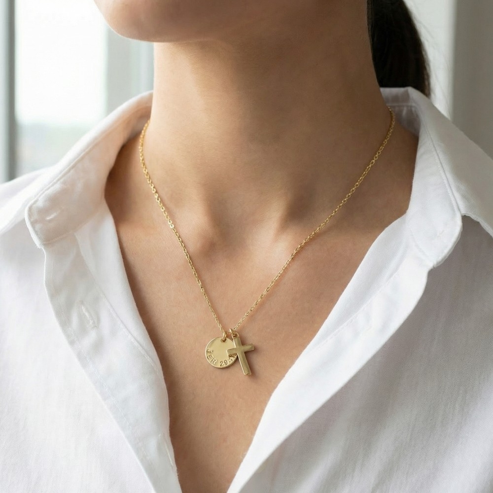 Gold Dipped Cross And Coin Pendant Chain Necklace