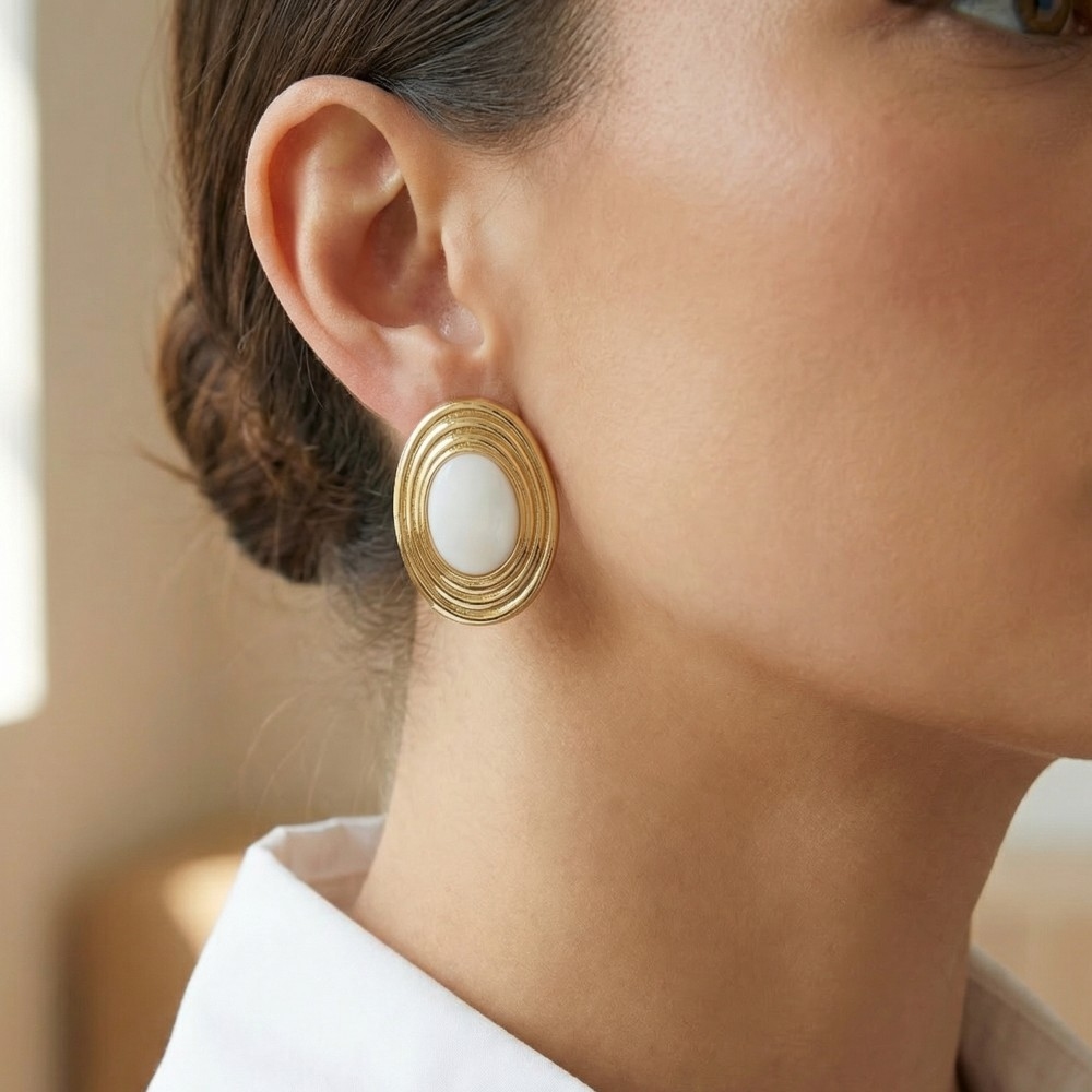 Gold Dipped Vintage Style Oval Pearl Stud Earrings