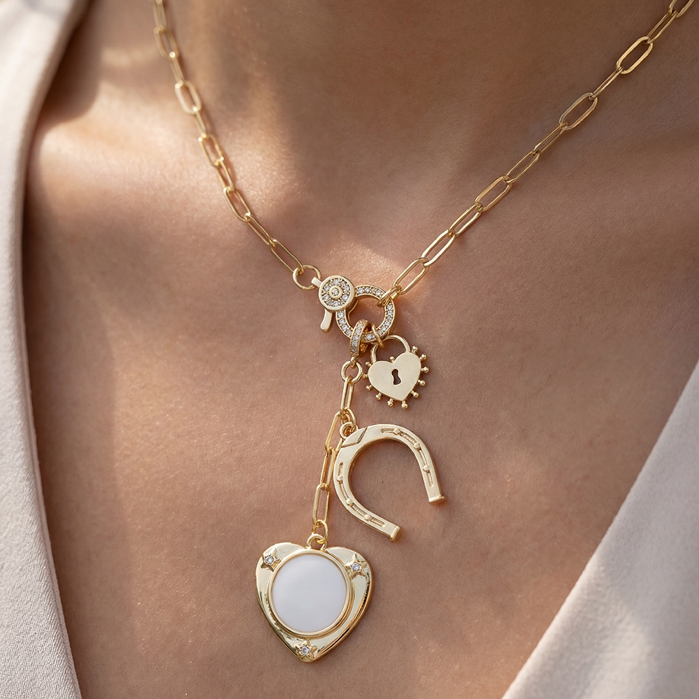 Gold Dipped Heart And Horseshoe Charms Chain Necklace