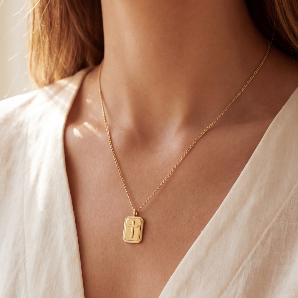 Gold Dipped Rectangle Frame Cross Pendant Necklace