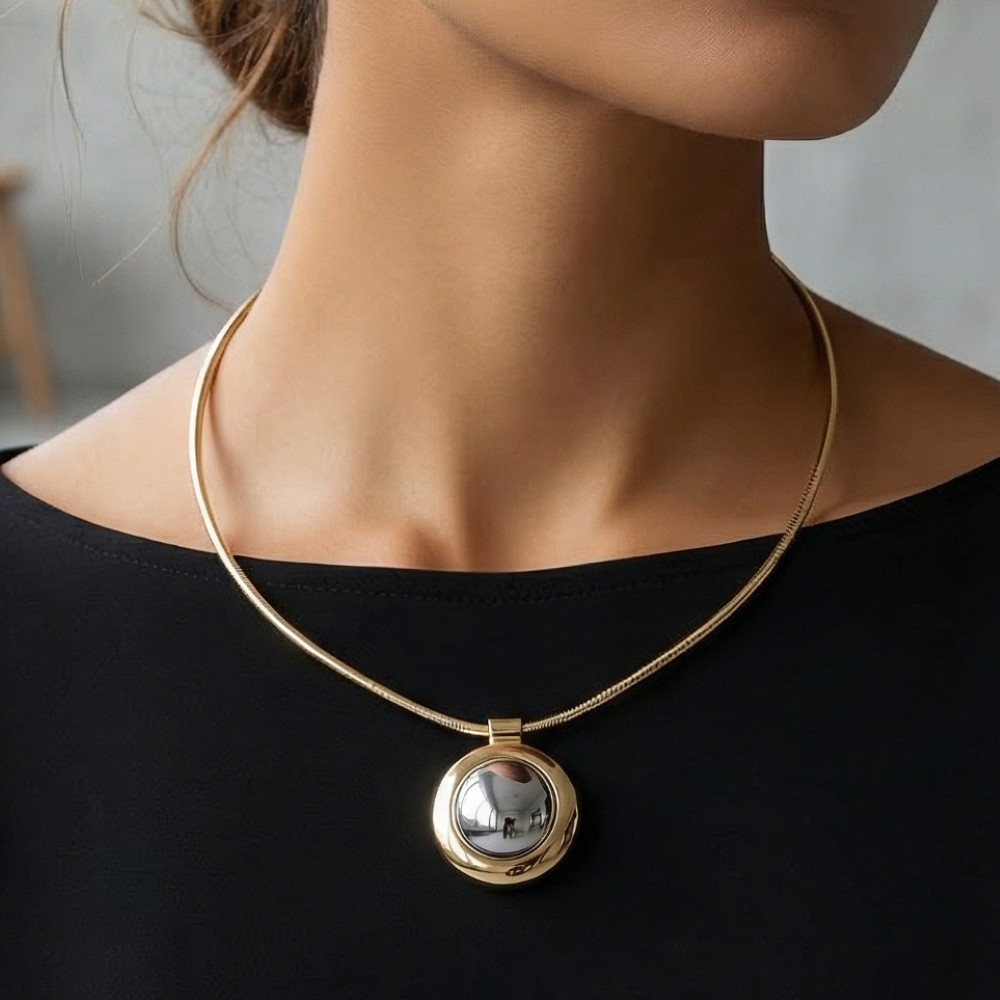 Gold Dipped Large Two Tone Dome Pendant Necklace