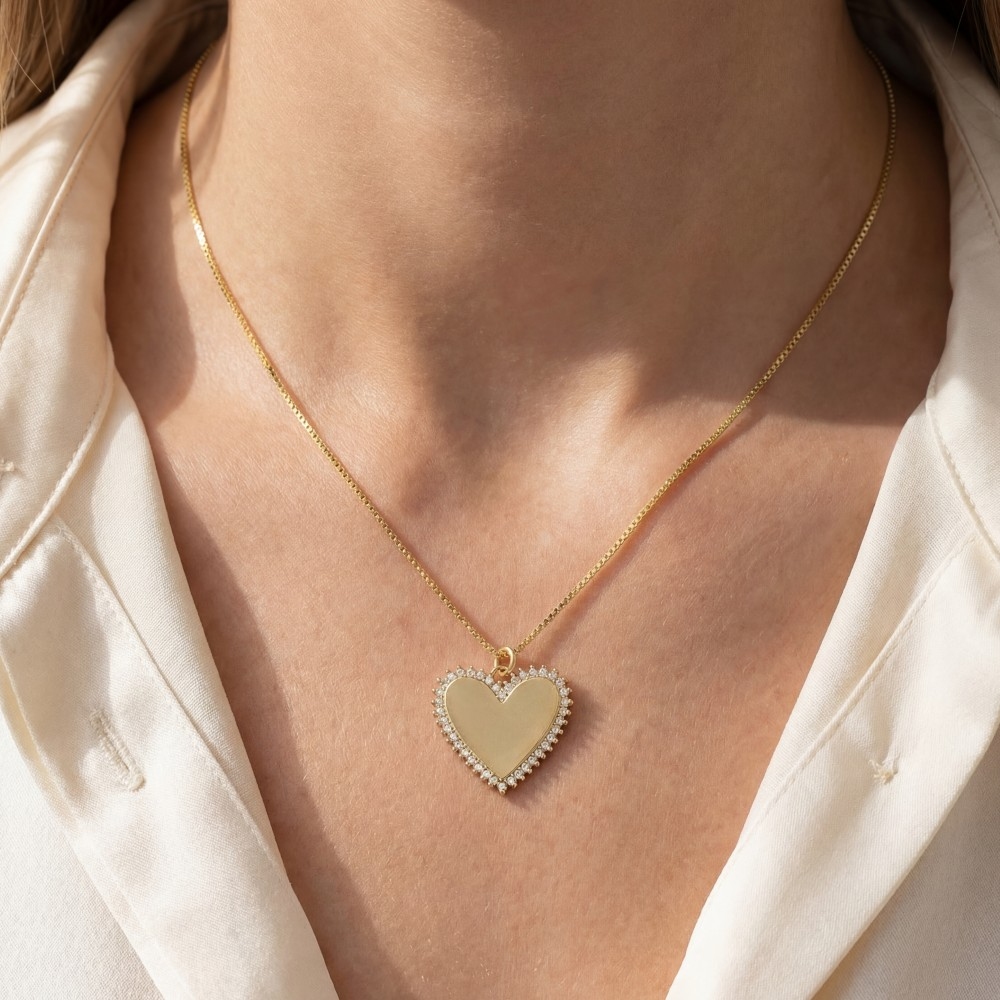 Gold Dipped Cz Pave Heart Outline Pendant Necklace