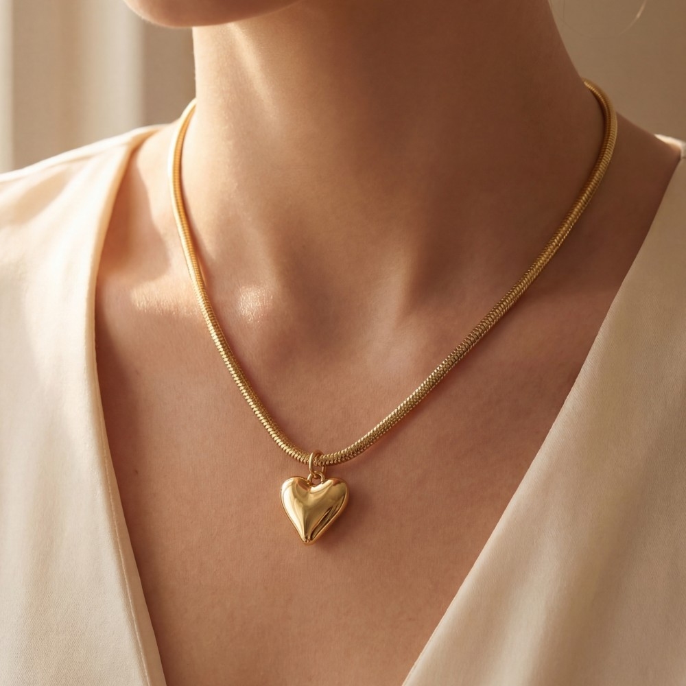 Gold Dipped Heart Pendant Tube Chain Necklace
