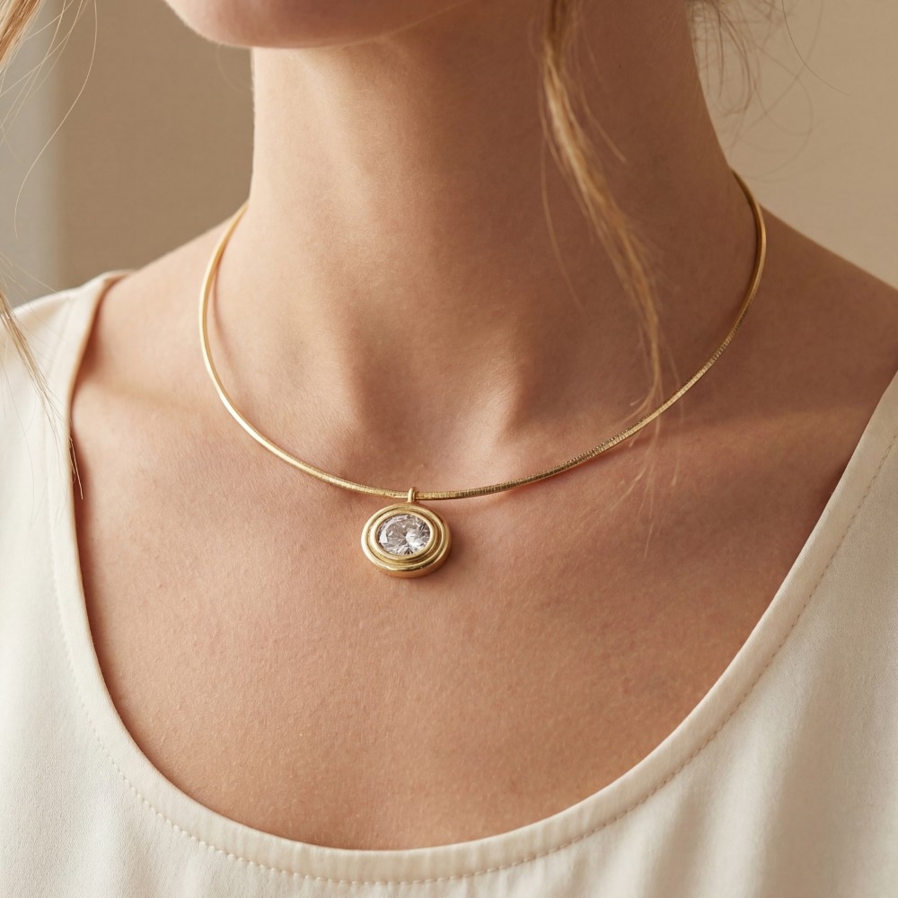 Gold Dipped Box Chain Faceted Oval Cz Pendant Necklace