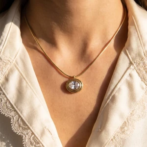 Gold Dipped Box Chain Faceted Oval Cz Pendant Necklace