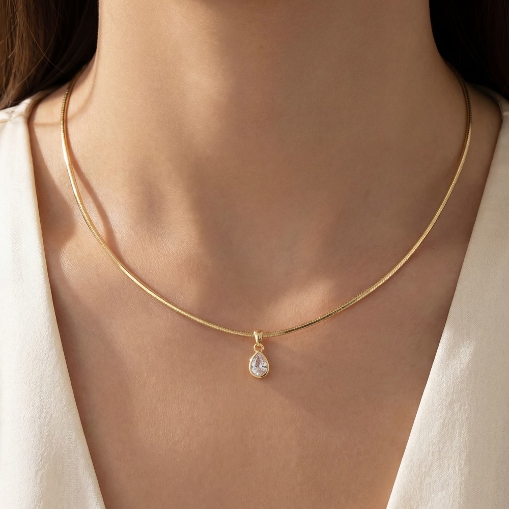 Gold Dipped Box Chain Cz Pear Pendant Necklace