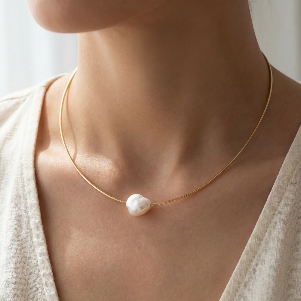 Gold Dipped Box Chain Irregular Pearl Charm Necklace
