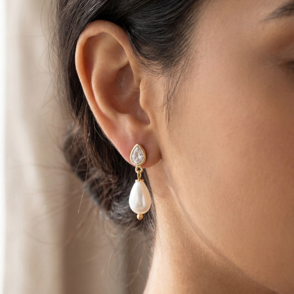 Gold Dipped Cz And Pearl Tear Stud Dangle Earrings