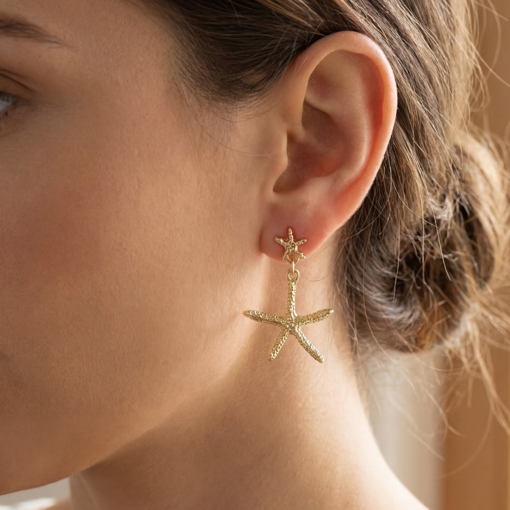 Gold Dipped Double Star Fish Stud Dangle Earrings
