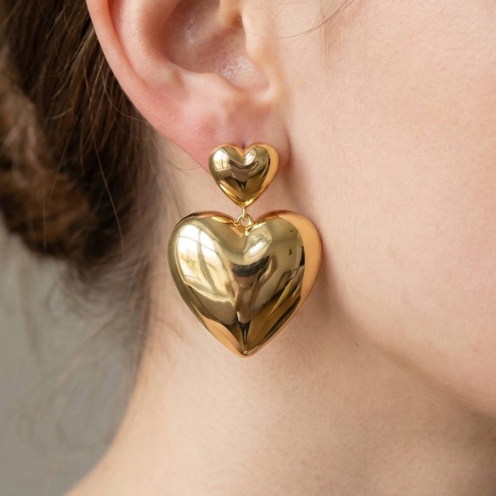 Gold Dipped Double Heart Stud Dangle Earrings