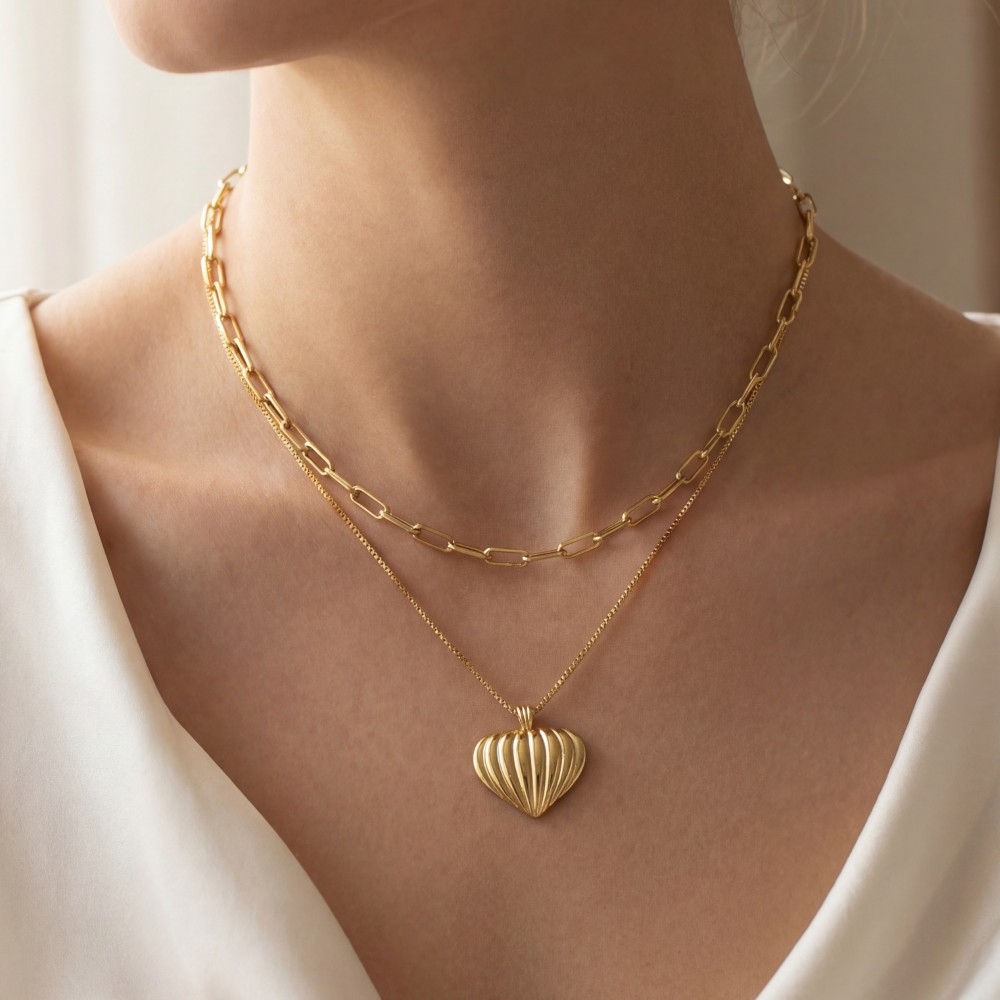 Gold Dipped Ridged Heart Pendant Layered Necklace