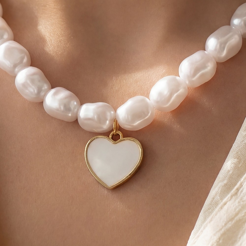 Gold Dipped Mother Of Pearl Heart Pendant Pearl Beaded Necklace