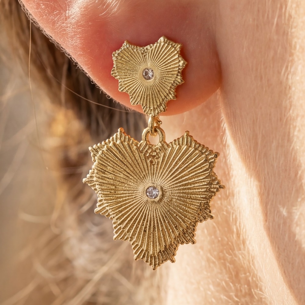 Gold Dipped Cz Stud Double Heart Stud Dangle Earrings