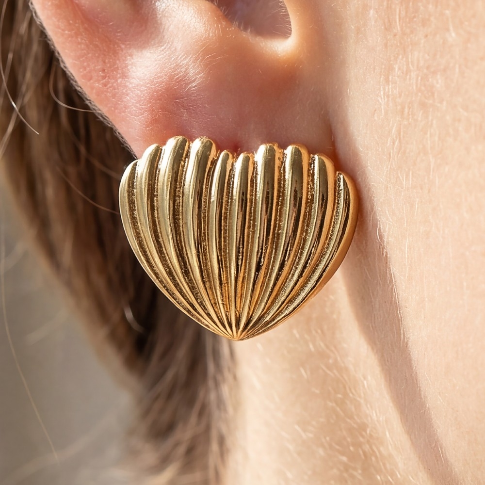 Gold Dipped Ridged Heart Shield Stud Earrings