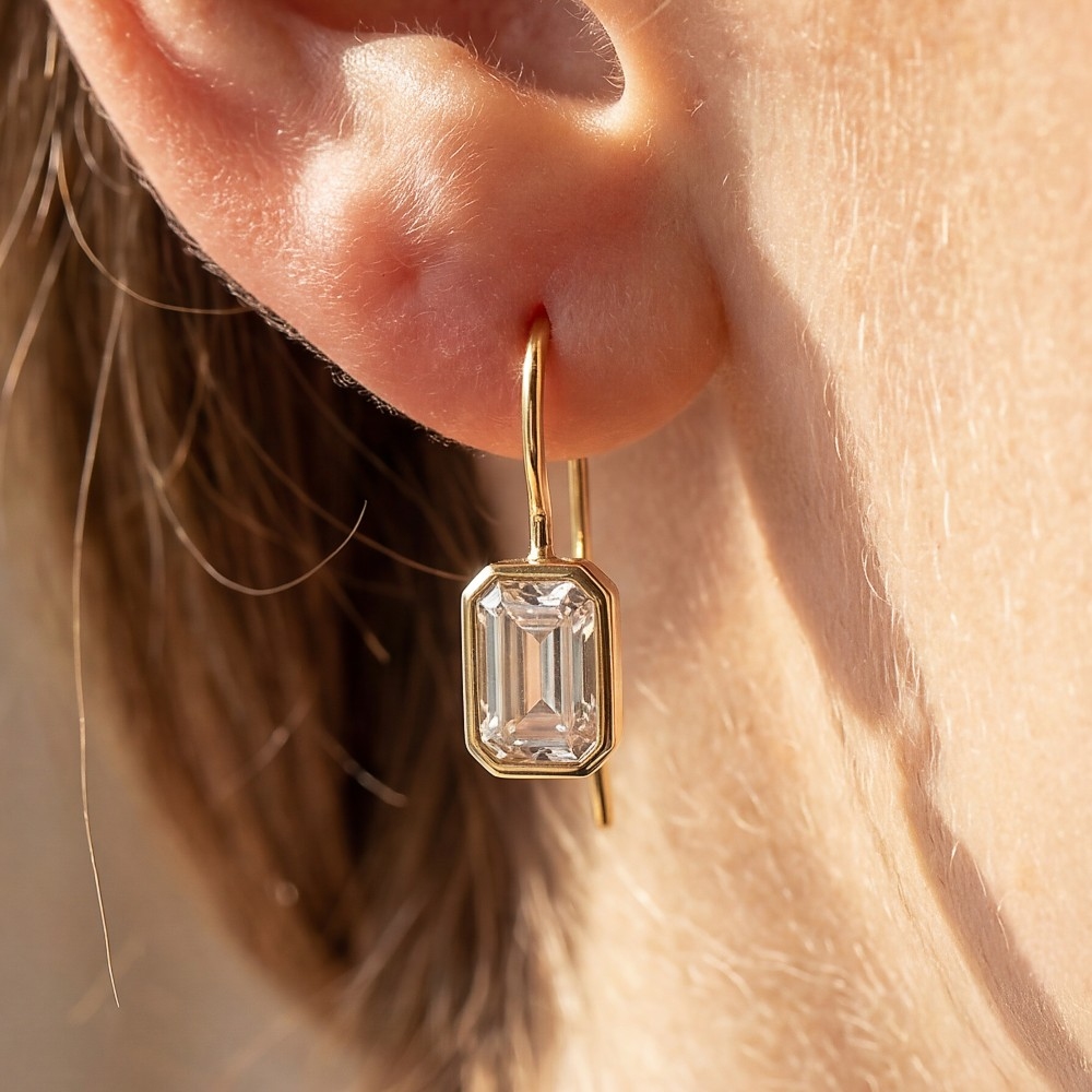 Gold Dipped Cz Mini Rectangle Drop Earrings