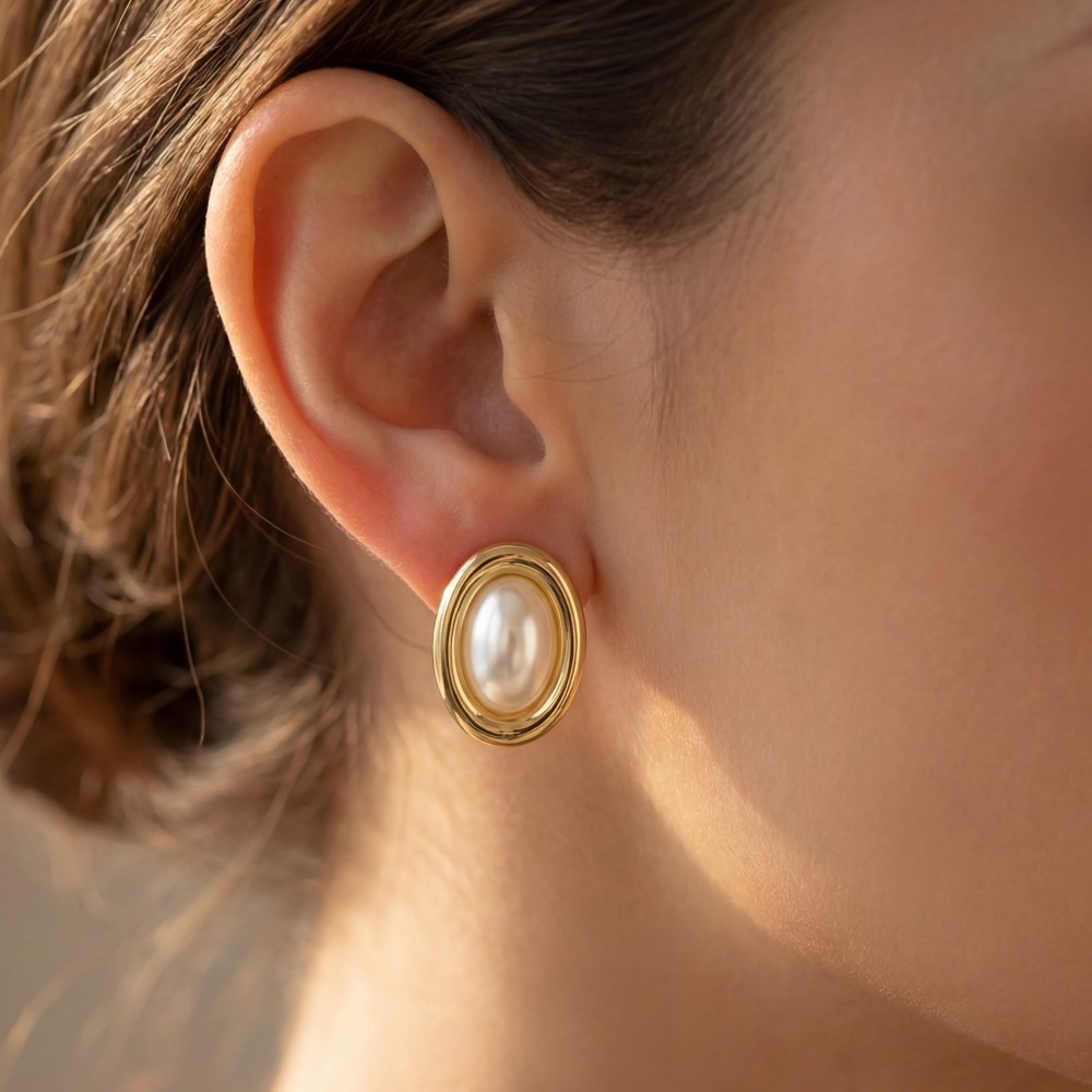 Gold Dipped Vintage Oval Pearl Stud Earrings