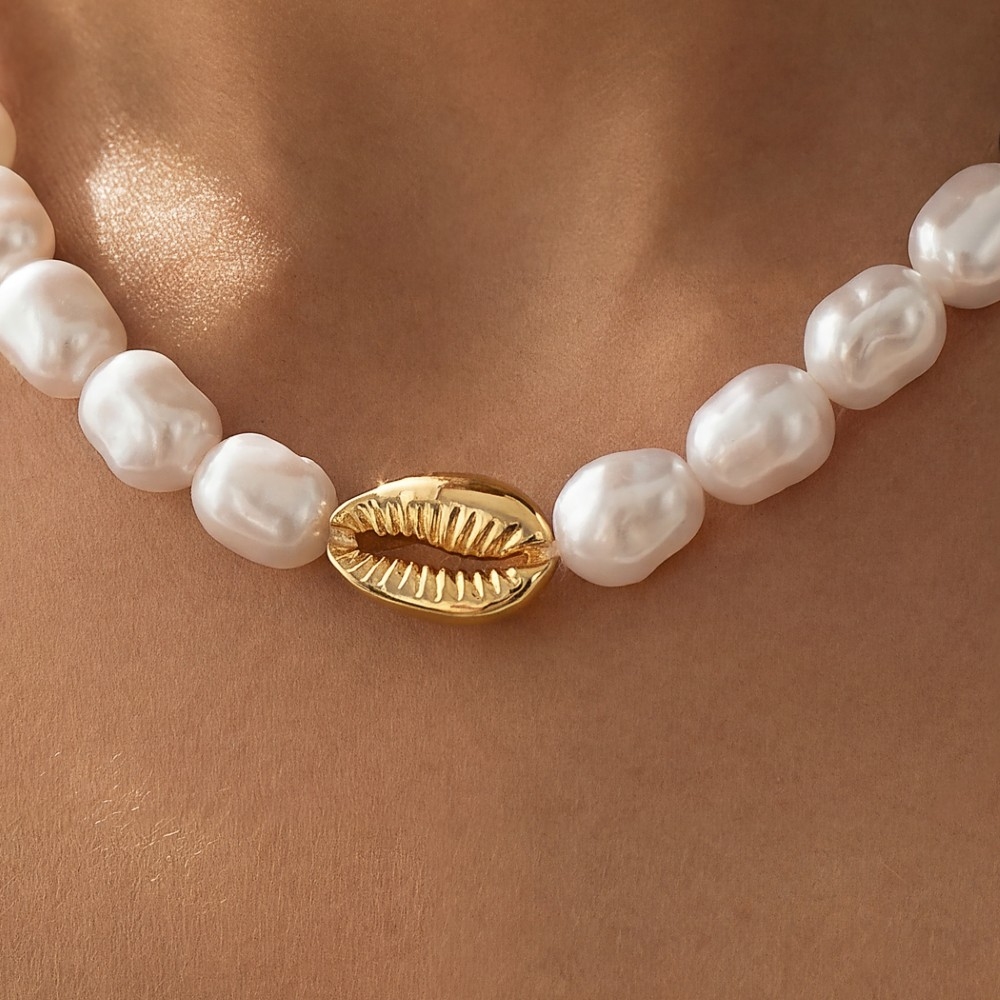 Gold Dipped Cowrie Sea Shell Pendant Pearl Beaded Necklace
