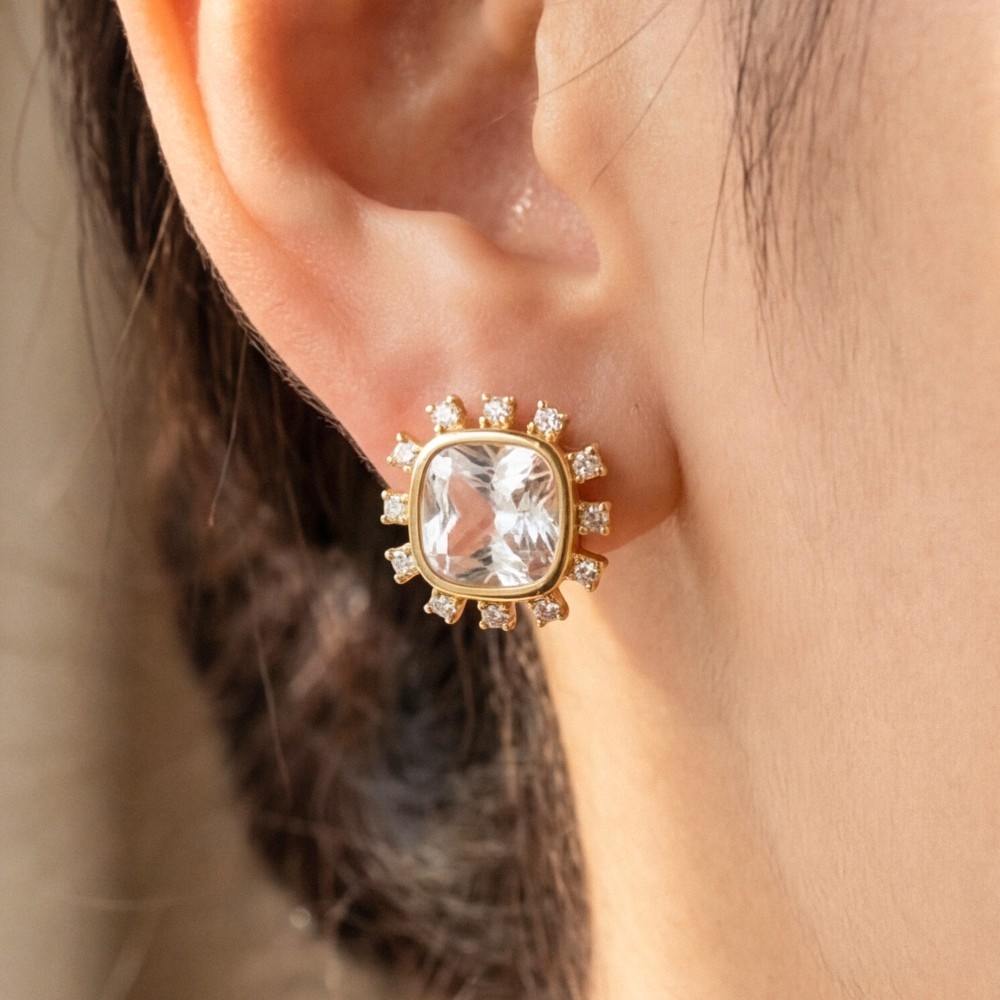 Gold Dipped Cushion Cut Crystal Halo Stud Earrings