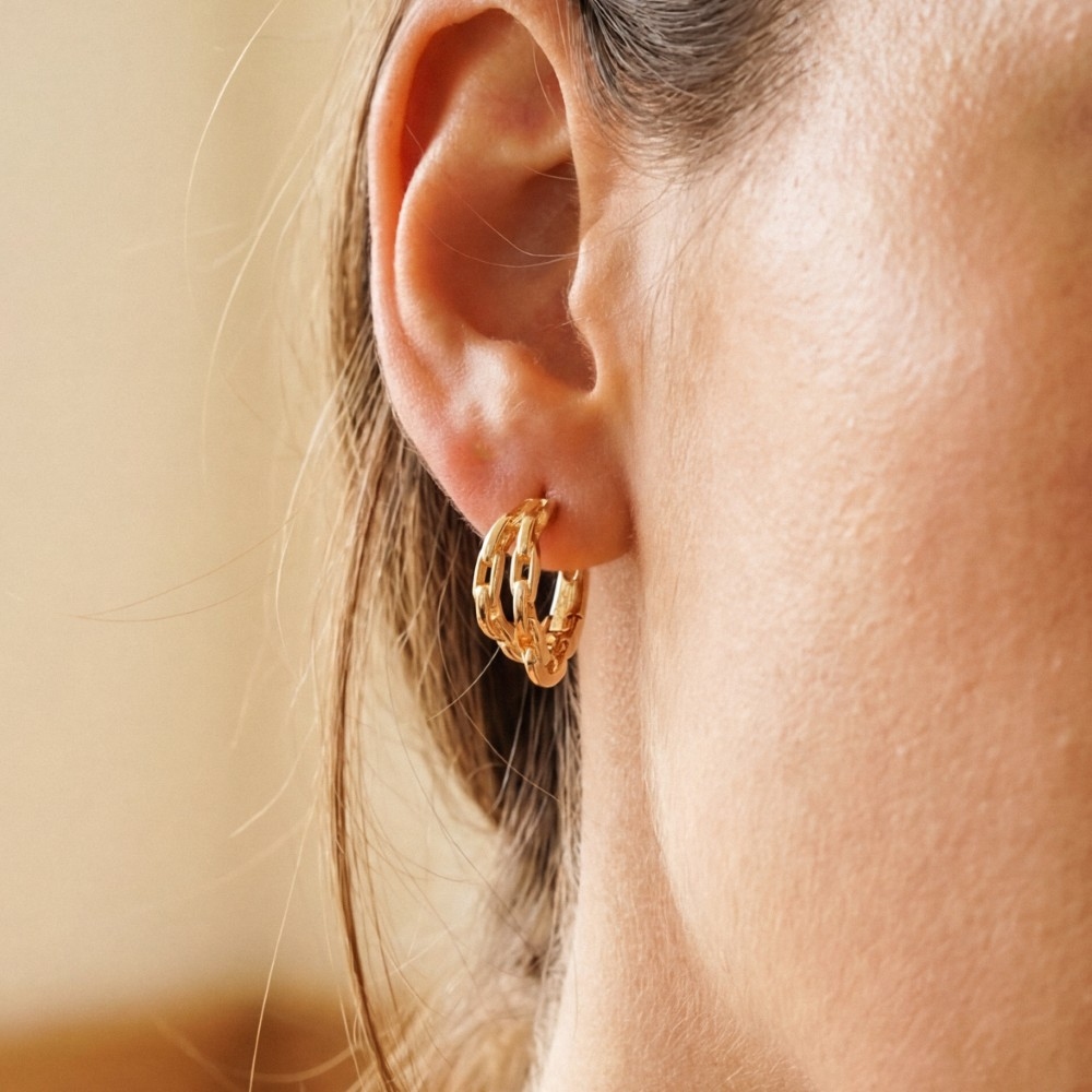 Gold Dipped Double Chain Link Huggie Hoop Earrings