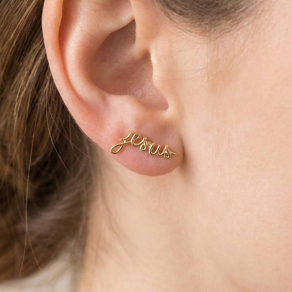Gold Dipped Cursive Jesus Stud Earrings