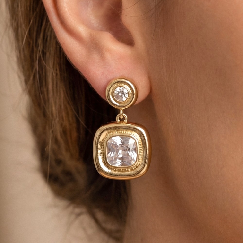 Gold Dipped Cushion Bezel Drop Earrings