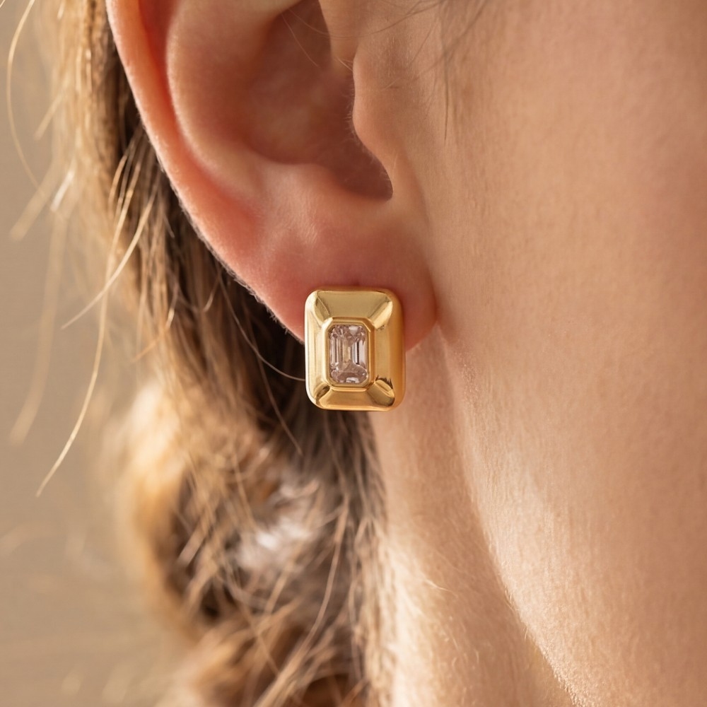 Gold Dipped Chunky Square Baguette Stud Earrings
