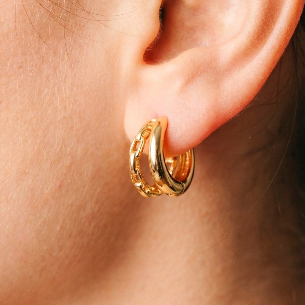 Gold Dipped Mixed Chain Double Huggie Hoop Earrings