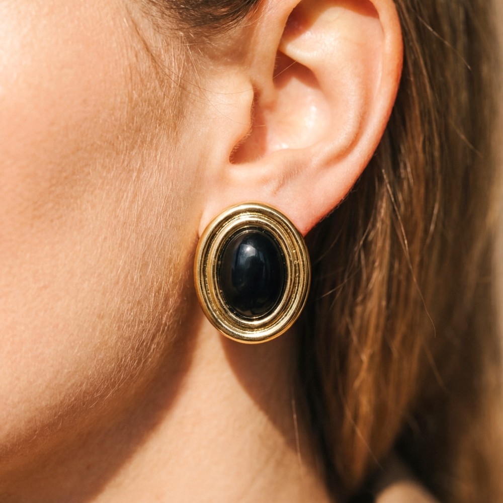 Black Stone Oval Gold Frame Stud Earrings
