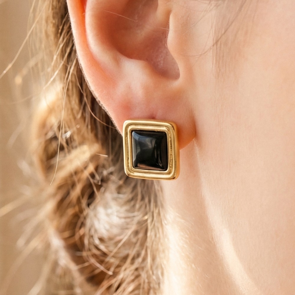 Black Stone Square Gold Frame Stud Earrings
