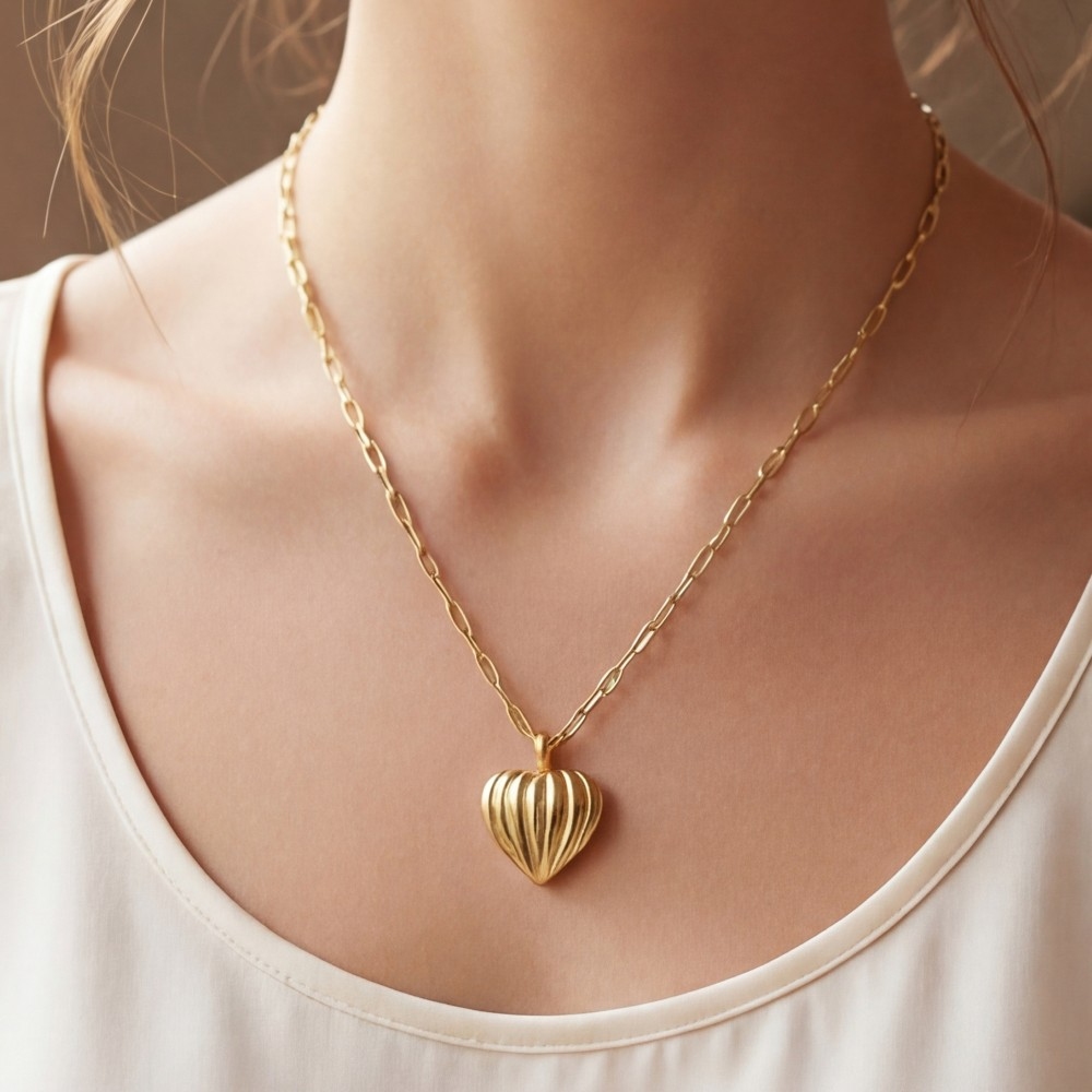 Gold Dipped Ribbed Heart Pendant Necklace
