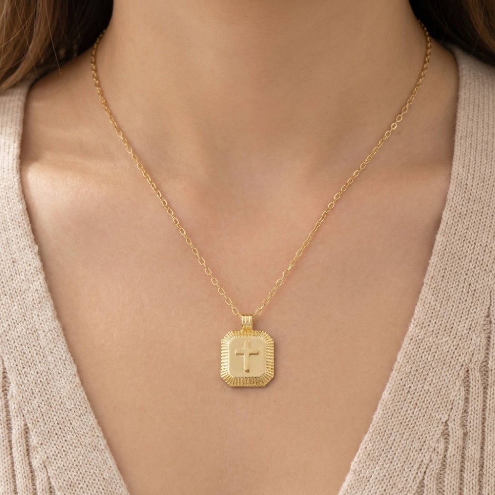 Gold Dipped Cross Square Medallion Pendant Necklace