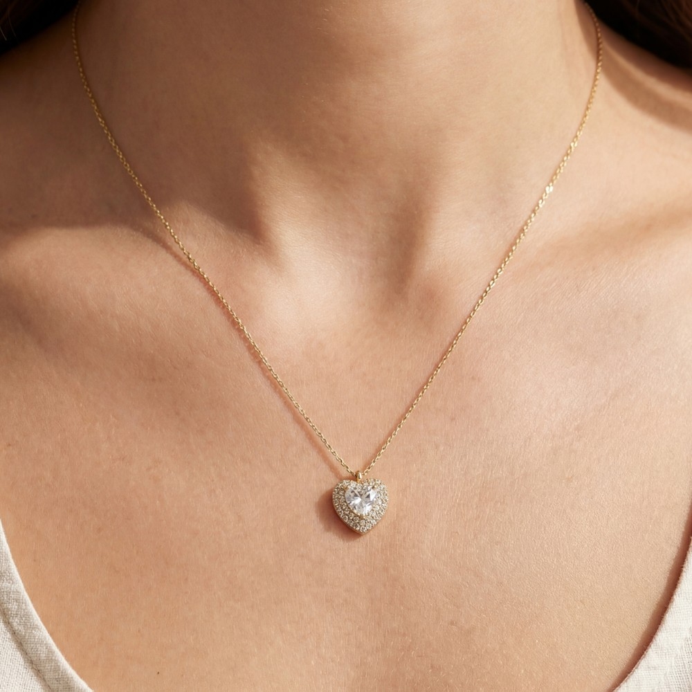 Gold Dipped Pave Cz Heart Pendant Necklace