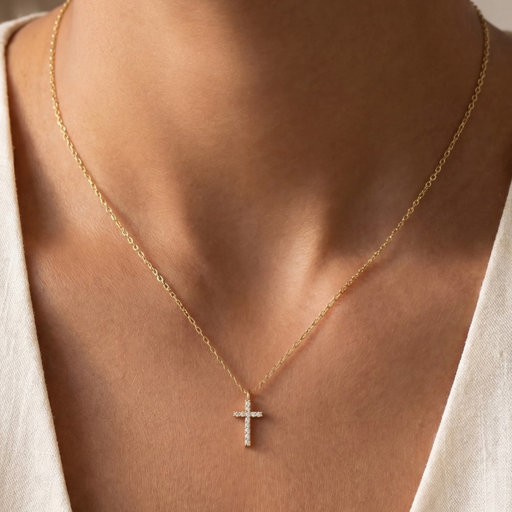 Gold Dipped Pave Min Cross Pendant Necklace