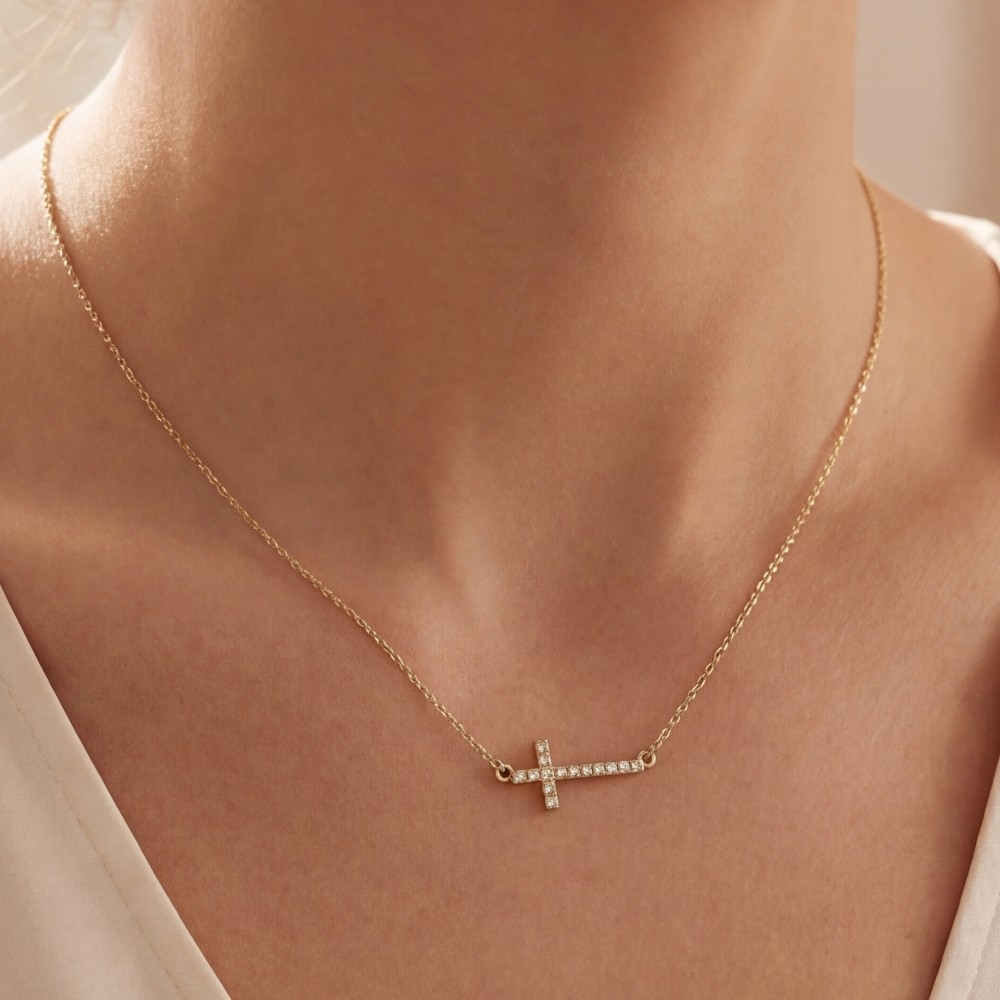 Gold Dipped Pave Thin Cross Pendant Necklace