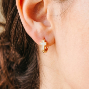 Gold Dipped Enamel Cross Huggie Hoop Earrings