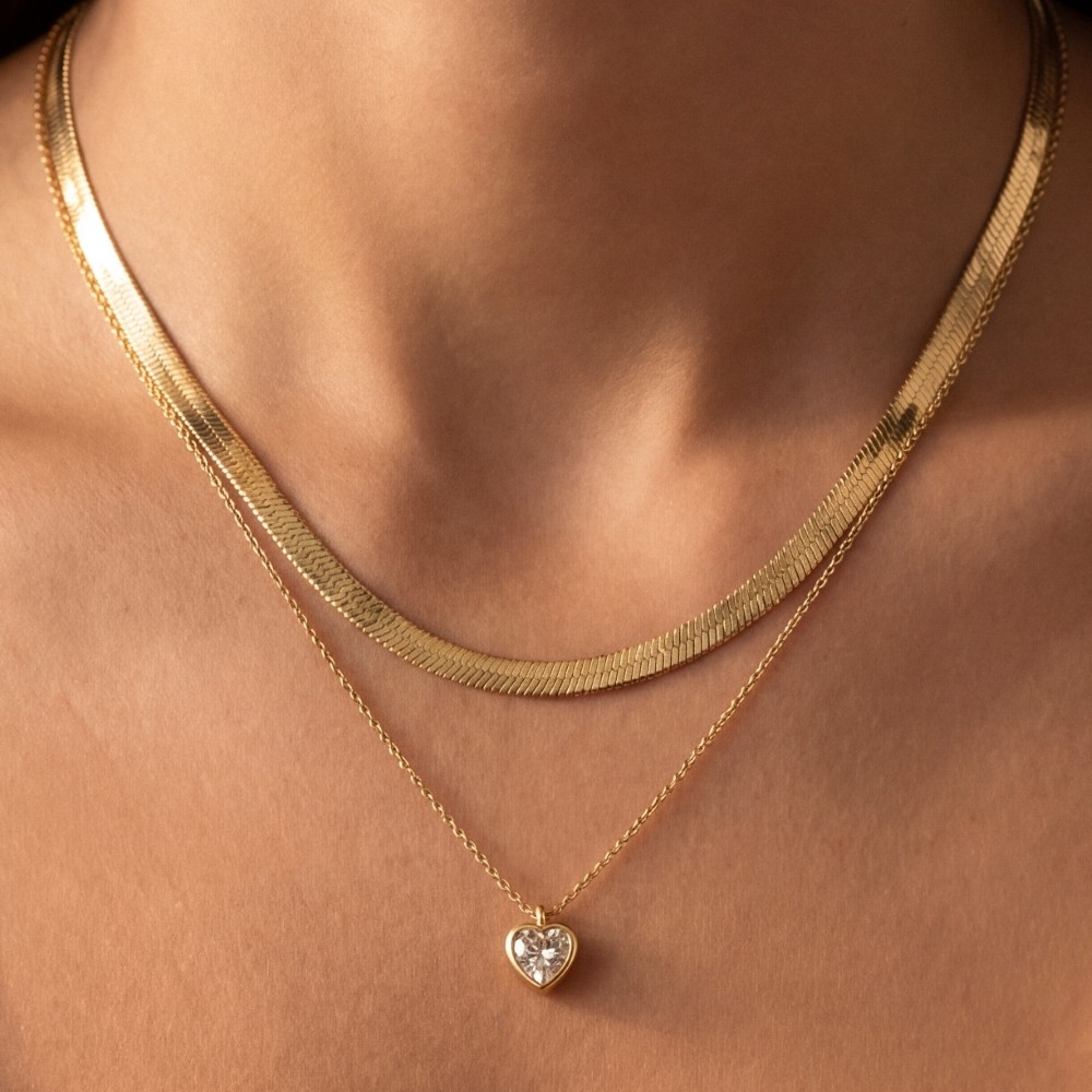 Double Herringbone Chain Cz Heart Pendant Necklace