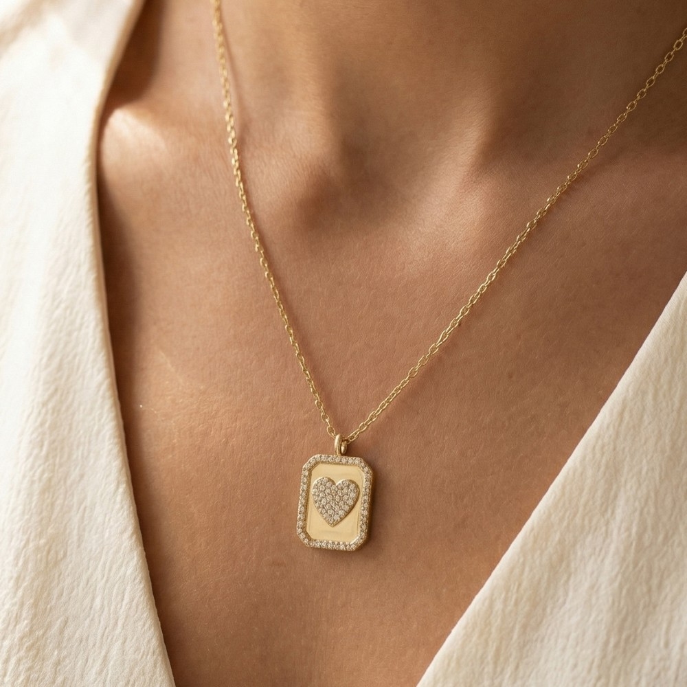 Cz Pave Heart Tag Pendant Necklace