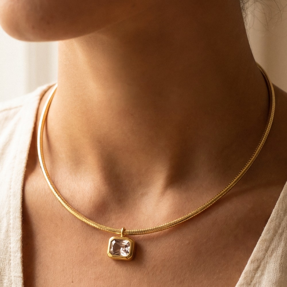 Herringbone Chain Baguette Cz Pendant Necklace