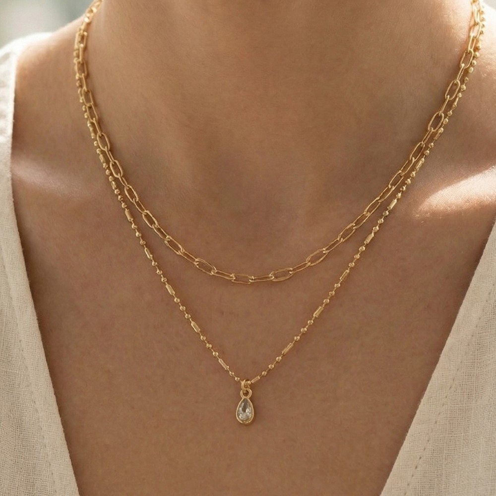 Gold Dipped Layered Paperclip & Bead Chain Necklace