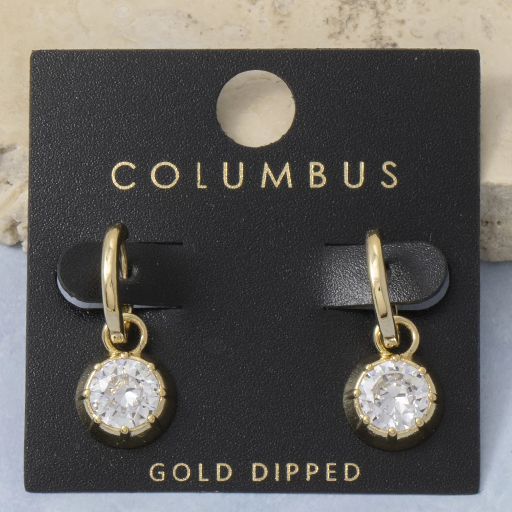 Round Bezel Cz Huggie Drop Earrings