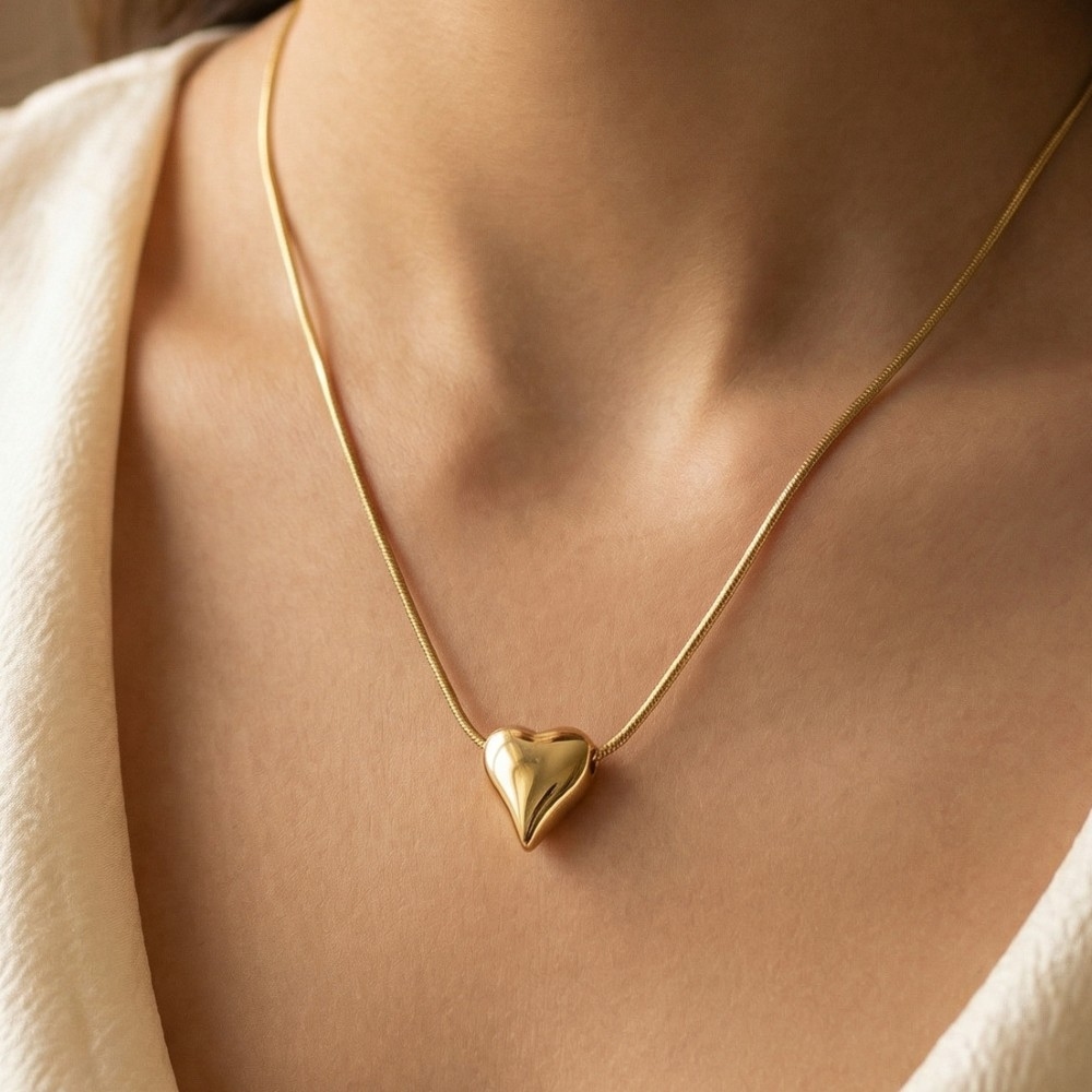 Gold Dipped Puffy Heart Pendant Snake Chain Necklace