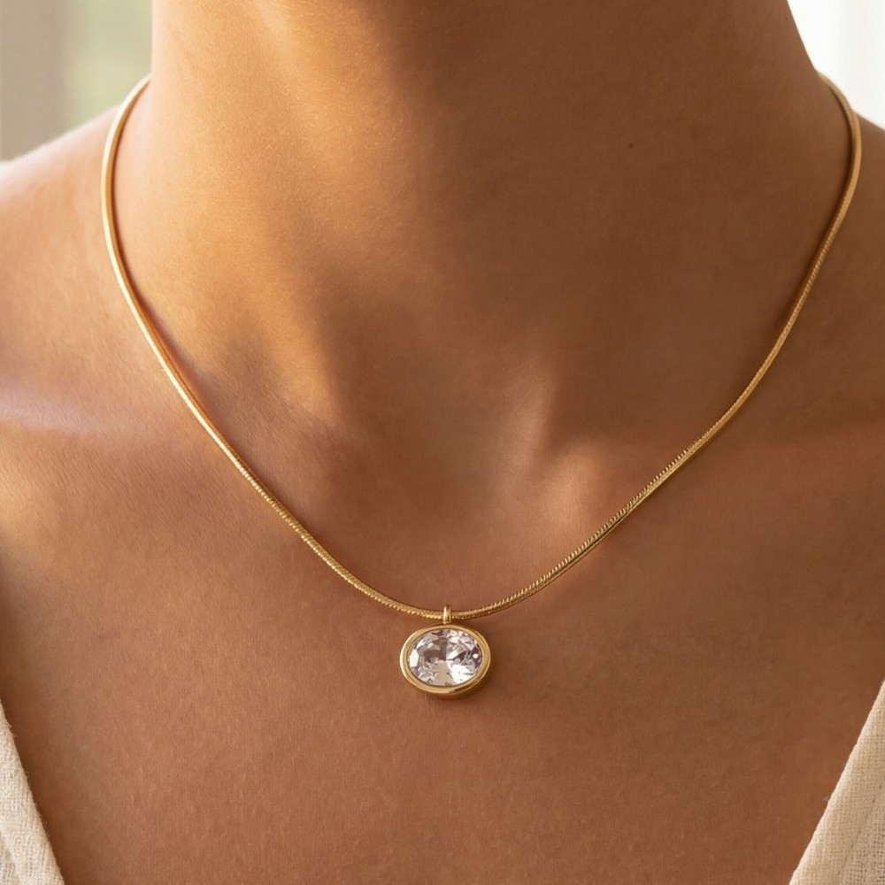 Gold Snake Chain Oval Cz Pendant Necklace