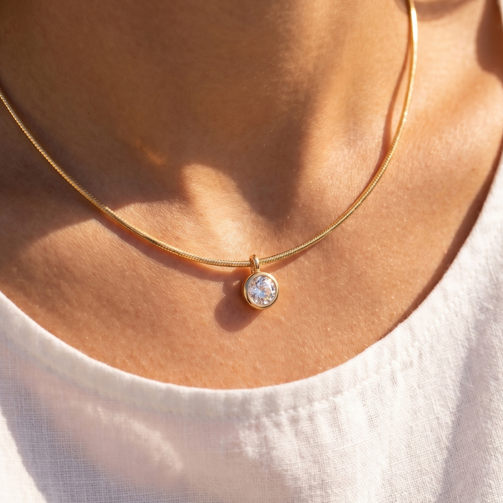 Thin Herringbone Chain Cz Bezel Pendant Necklace