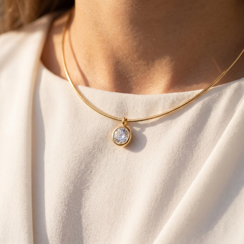 Wide Herringbone Chain Bezel Cz Pendant Necklace