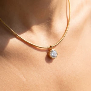 Gold Dipped Bezel Cz Pendant Snake Chain Necklace